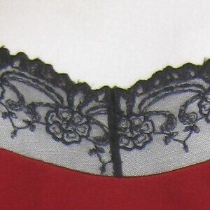 RETRO '80S BURGUNDY RED RAYON SLIP DRESS WITH BLACK LACE TRIM